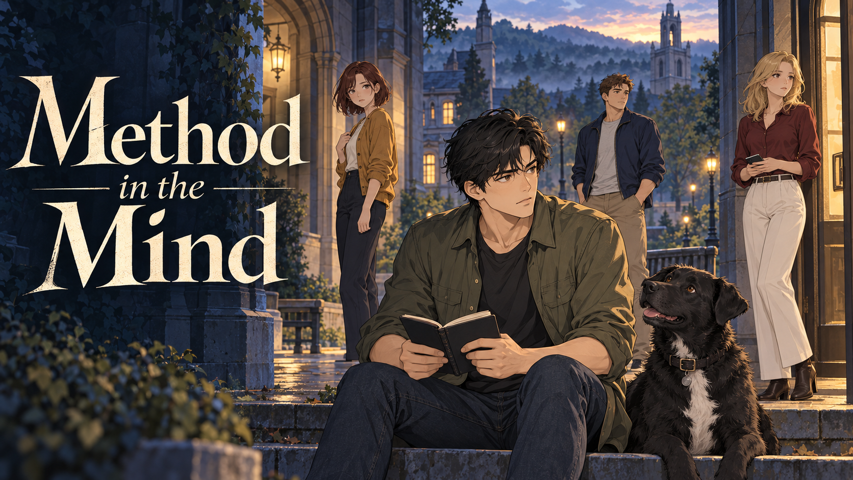 Brooklyn and Orphen, with a white patch on his chest, on the steps of a quiet university. Alice, Ethan and Claire wait nearby. Method in the Mind.